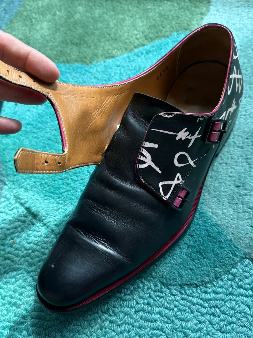 Fluevog Twin Turbine 205 Pine Street black graphic print monk strap shoe -M8/W10